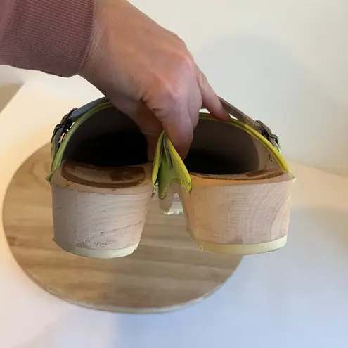 Handmade in Sweden Lime Green Genuine Leather Wooden Clog with Buckle Size 37