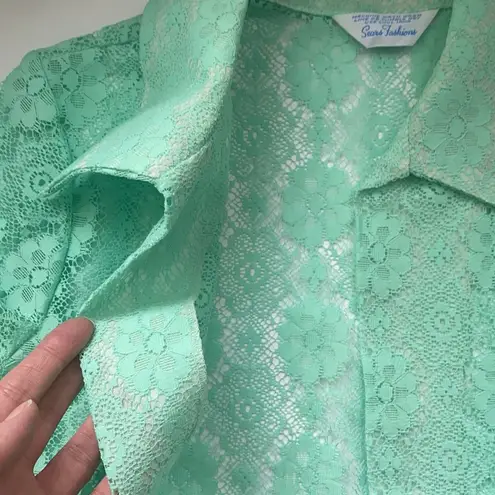 Vintage Sears Fashions mint green open lace collared blouse, size medium
