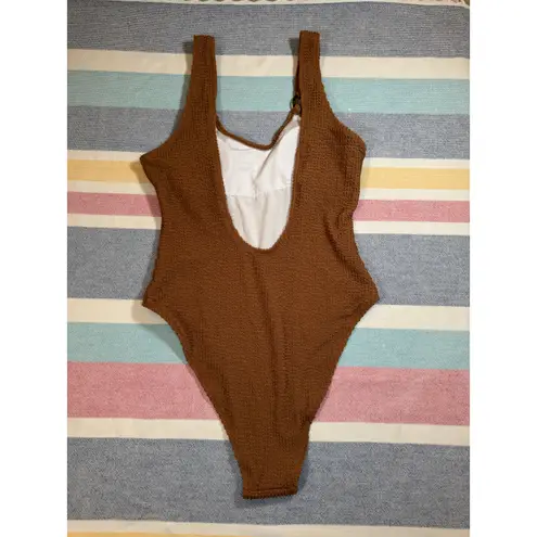 None NWOT Brown Smocked One-Piece Swimsuit with Tortoise Ring Detail - Size S