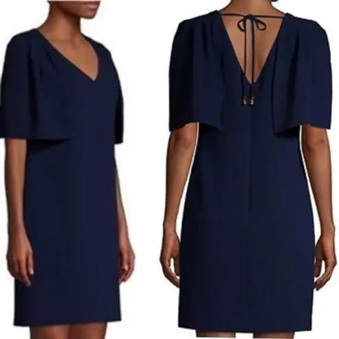 Trina Turk  Cape Sleeve V-Neck Tie Back Dress Navy Blue Size 12 NWOT