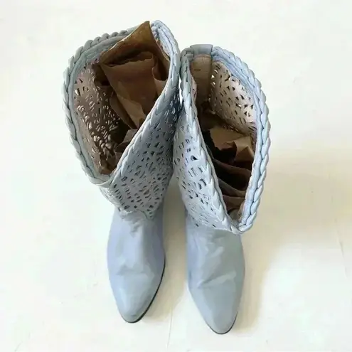 Vintage 80s Steve Fleming Western Blue Mid Calf Boots Perforated Cut Out Boho Size 7