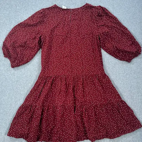 Melrose and Market Polka Dot Dress Women's X-Small Burgundy 3/4 Sleeve Drop Hem