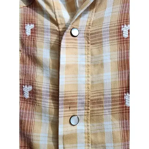 Western Plaid Shirt Long Sleeve Snap Button Cowboy Rodeo Style Size XL Brown