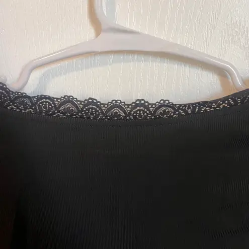 Commense Women's Scoop Neck Long Sleeve Blouse Lace Trim Black Size Small