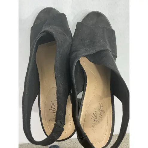 Womans Dexflex Comfort Shoes 10 W Black Slip On Sling Back Peep Toe Block Heel