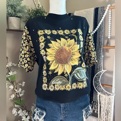 Vintage 80s KWBL Los Angeles Black Sunflower Embellished Short Sleeve T Shirt