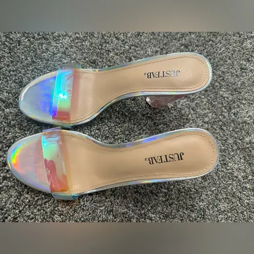 JustFab  Women 8.5 Hanna Transparent Iridescent Heeled Shoes Sandals