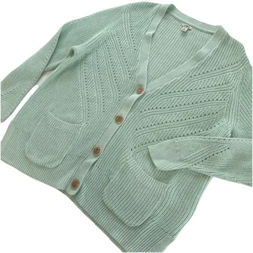 LL Bean Green Linen Cotton Button Up Cardigan Sweater Size XL Pockets