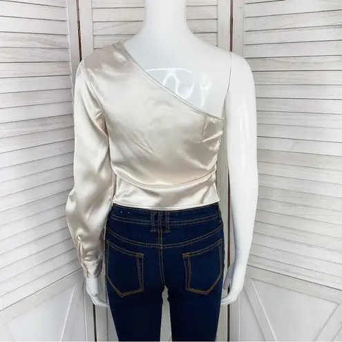 NA-KD  Reborn Satin Shirred Side One Shoulder Crop Top Ivory XS 34