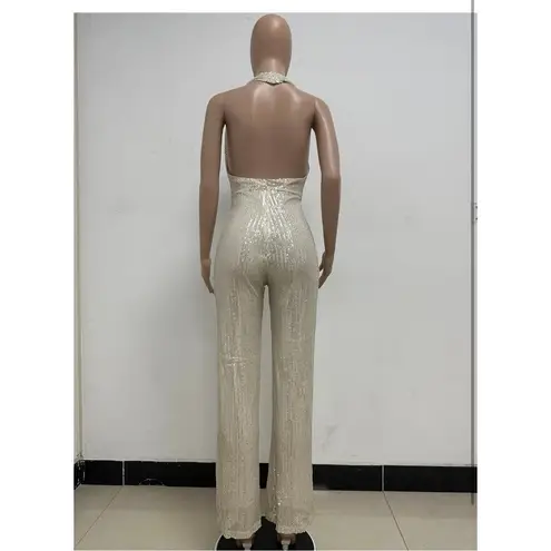 Curvy Plus XXL Gold Sexy Halter Cowl Neck Sparkly Jumpsuits Sleeveless Sequin