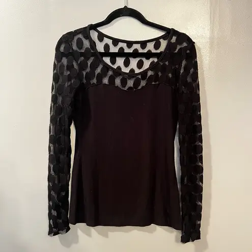 Boston Proper  Black Mesh Sheer Polka Dot Y2K Retro Long Sleeve Stretch Top S