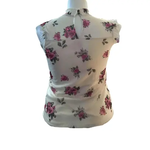 No Boundaries Women Tank Top Cream Floral Ruffled High Neck Lace Size L