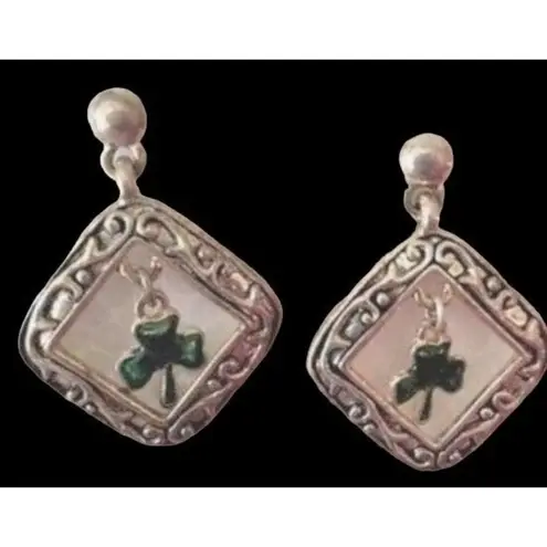 Vintage 80's Shamrock Earrings Handmade Dangle Posts St Patrick's Day Pa… Silver