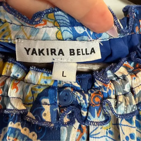 Yakira Bella Skye Dres Blue Paisley Ruffle skirt elastic waist and cuffs L Size L