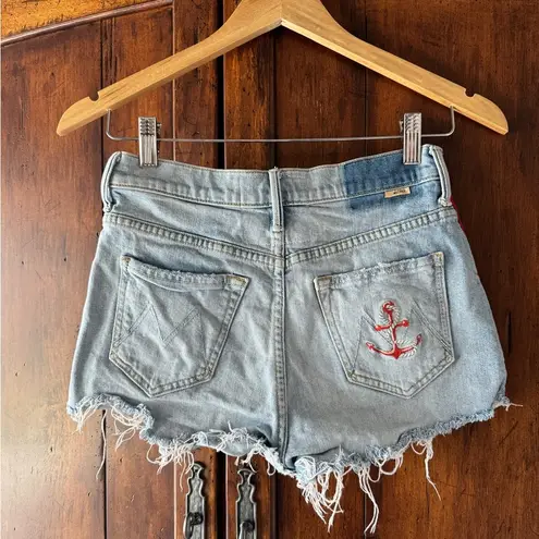 MOTHER | Easy Does It Nautical Anchor High Rise Jean Shorts | 24 Blue