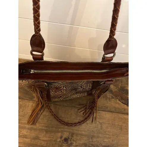 Patricia Nash Tooled Leather Fringe Tote Bag Purse Brown Floral Western