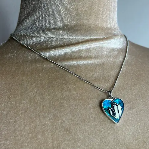Abalone penguin heart silver tone necklace
