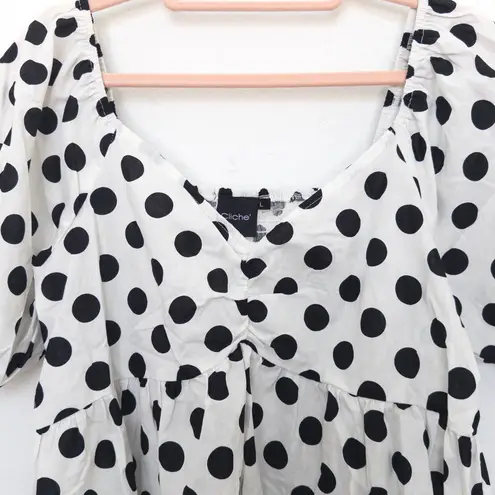 Cliché Womens Top Sz L White Black Polka Dot Puff Sleeve Babydoll Cottage Retro Size L