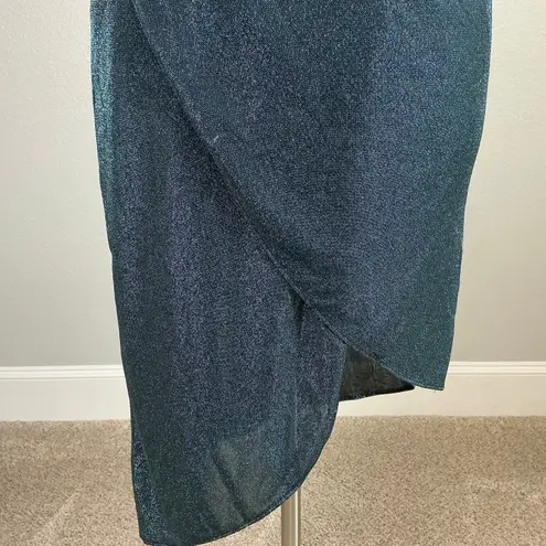 Aidan Mattox Metallic One Shoulder Midi Sheath Cocktail Dress Teal Green Size 14