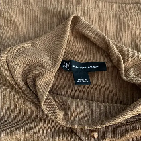 INC I.N.C. International Concepts Short Sleeve Cutout Mock Neck Top Light Camel