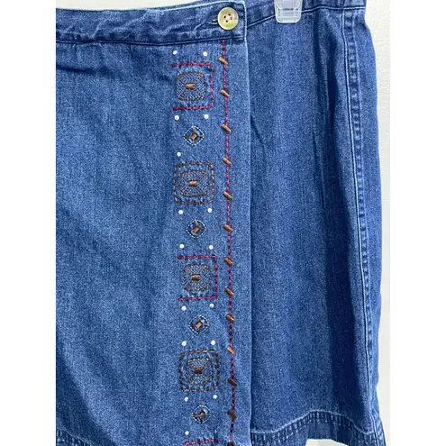 White Stag VTG Faux Wrap Denim Skort Size 12 Boho Embroidered Summer Festival