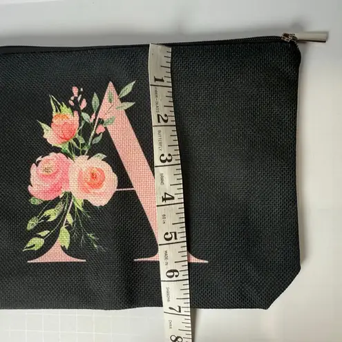 None Floral Monogram “A” Makeup Bag Black Canvas Cosmetic Pouch with Pink Interior