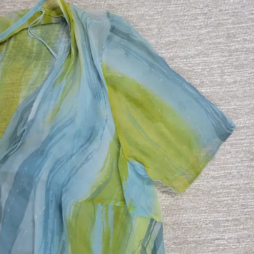 Maggie London Silk Cover Up Blouse Womens Size 16 Blue Green Sheer Swim Beach