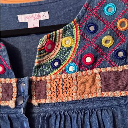 Go Softly Patio dress Button down 100% Cotton Denim L relaxed retro Blue Size L