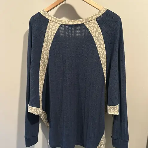 Ces Femme Medium Navy Blue Animal Print Open Knit Dolman Sweater Top