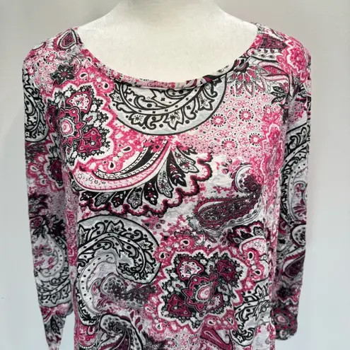 Chico's Chico’s Hot Pink Black & White Paisley Medallion Boho Print 3/4 Sleeve Top 1/M