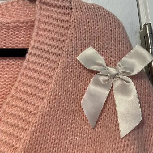 NWT Luna Ivy Anthropologie Size XS Pink Knit Cardigan Appliqué Ivory Satin Bows White