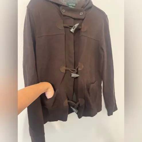 Lauren Ralph Lauren Brown Hooded Lightweight Toggle Jacket Leather Accents Med