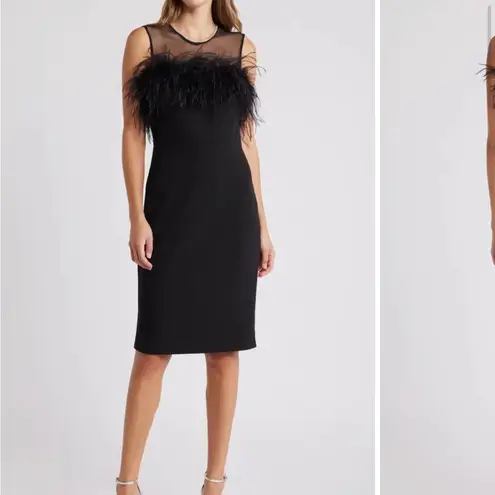 Eliza J NWT Black Feather Trim Illusion Neck Sheath Cocktail Dress 10
