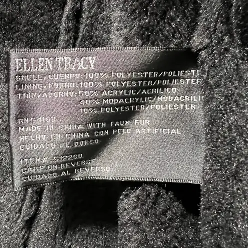 Ellen Tracy Black Faux Suede Hooded Coat Gold Zipper Faux Fur Trim Large