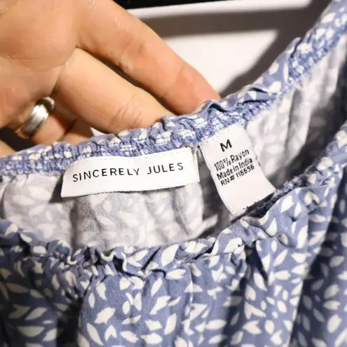 Sincerely Jules Blue Jumpsuit M Puff Sleeve Rayon Pockets Romantic Cottage Size M