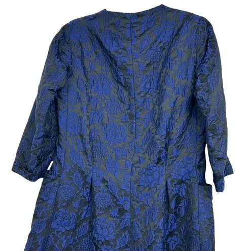Vintage 1950s Handmade Navy Floral Brocade Coat Dress Mid Century Elegant Blue Size M