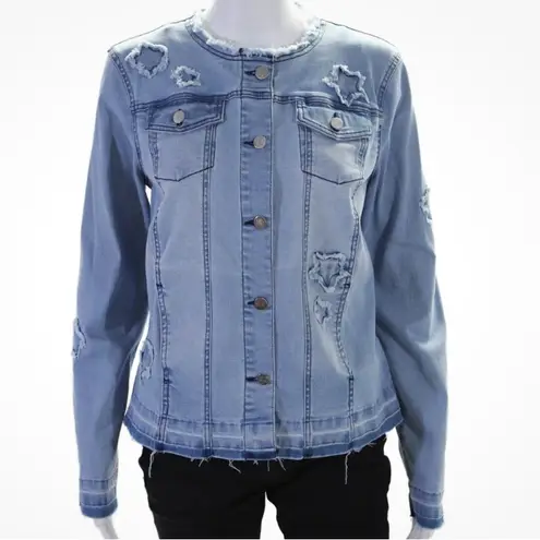 Renuar Distressed Star Accented Collarless Denim Jacket