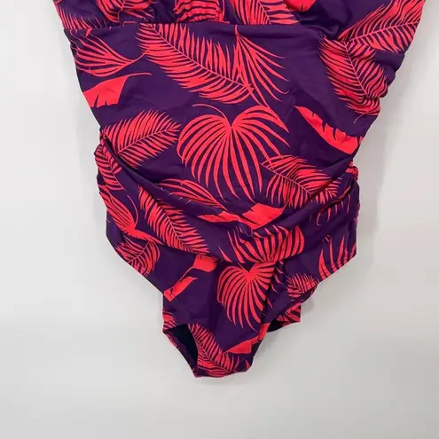 Boden One Piece Swimsuit Ruched Tropical Palm Leaf Print Purple Red US 8