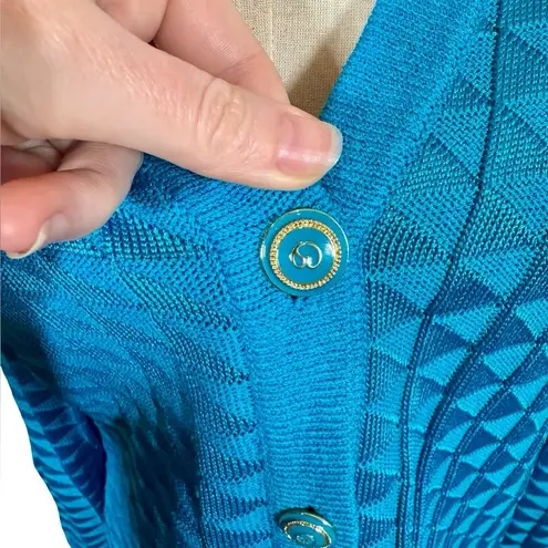 St. John Collection Textured Triangle Long Cardigan Sweater Jacket in Turquoise