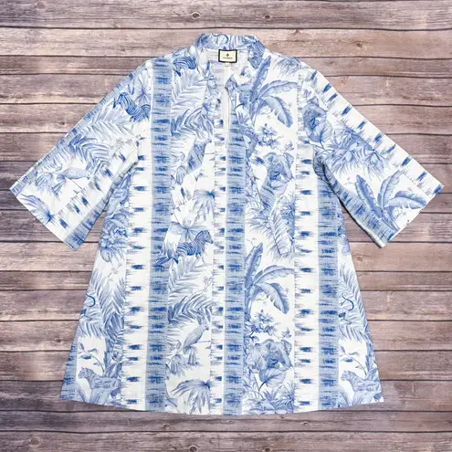 Tuckernuck Blue White Safari Toile 3/4 Sleeve Tie Neck A Line Mini Dress Large