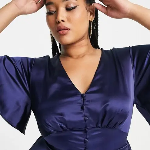 FLOUNCE LONDON Navy Satin Flutter Sleeve Mini Dress Womens Sz 16 Short Sleeve V Blue