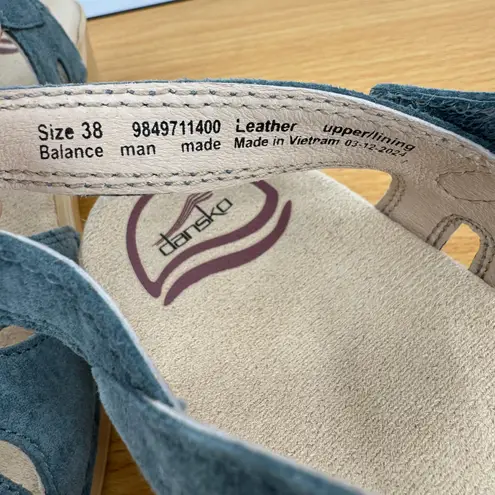 Dansko Season sandals womens 38 denim suede ankle strap heel hook and loop blue