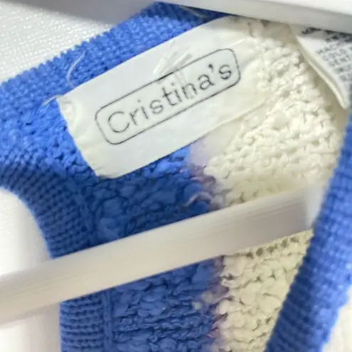 Vintage Acrylic Nubby Bubble Sleeve Sweater Blue White Lilac Large