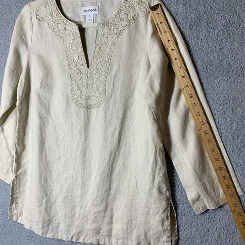 Peck & Peck  Top Womens Small Beige Embroidered Split Neck Tunic 100% Linen