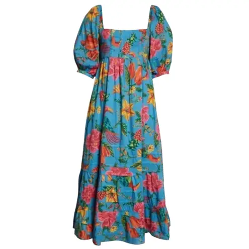 Farm Rio Toucans Garden Blue Floral Puff Sleeve Open Back Midi Dress XS