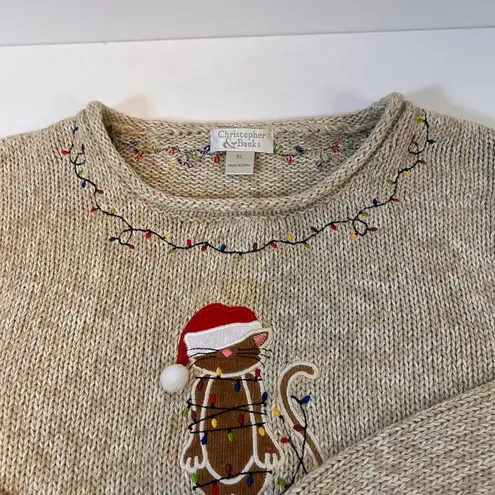 Christopher & Banks Beige Bah Humbug Holiday Sweater with Cat Design Women’s XL