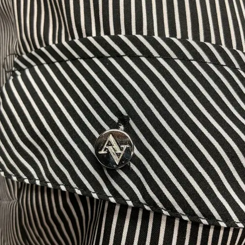 Adrienne Vittadini Button Up Shirt Black White Striped Long Tab Sleeve Size S