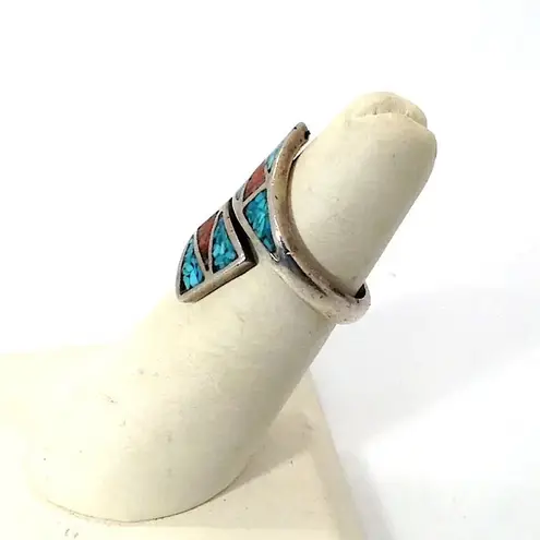 Sterling Silver Crushed Turquoise and Coral Inlay Split Shank Wrap Ring Sz 7