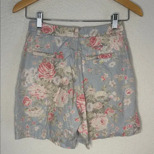Vintage Ralph Lauren Linen Pleated Shorts Cottage Blue Floral Preppy Size 2P