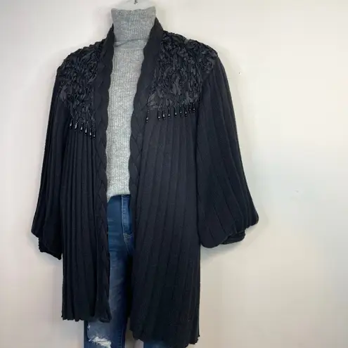 Maurada Vintage 90s Wool Blend Beaded Lace Black Sweater Coat Balloon Sleeves M Size M